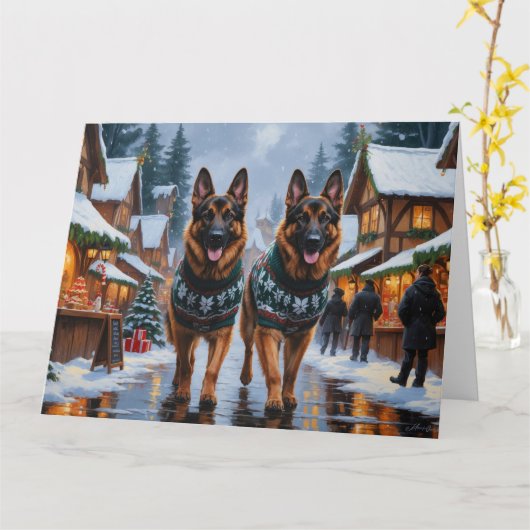 Carte Chiens bergers allemands Noël Fête de la neige (Fleur jaune)