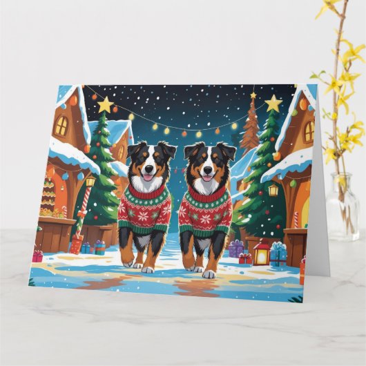 Carte Chiens bergers australiens Noël Fête de la neige (Fleur jaune)