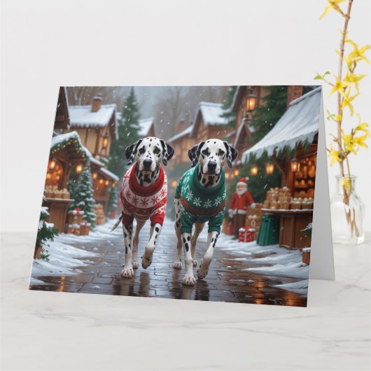 Carte Chiens dalmate Noël Fête de la neige (Fleur jaune)