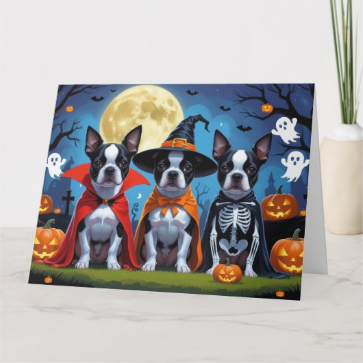 Carte Chiens de Boston Terrier Citrouille Halloween Funn (Devant)