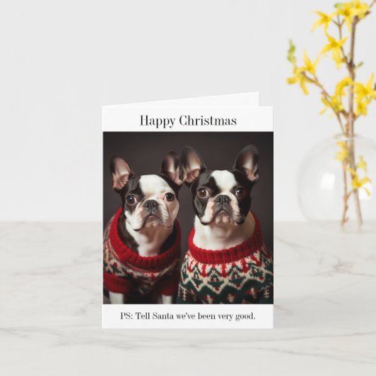 Carte Chiens de Boston Terrier en pulls de Noël (Fleur jaune)