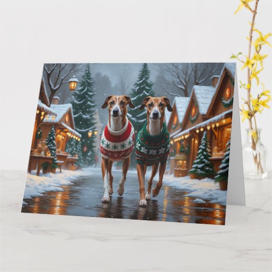 Carte Chiens de Greyhound Noël Fête de la neige (Fleur jaune)