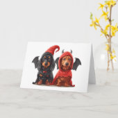 Carte Chiens de Halloween Dachshund Devil Bat (Fleur jaune)