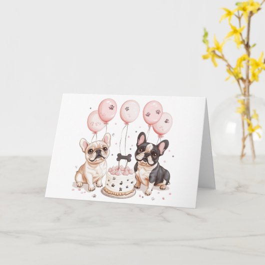 Carte Chiens de taureaux français d'anniversaire gâteau (Fleur jaune)