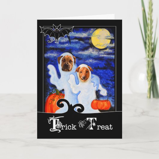 Carte Chiens d'Halloween amusants en costumes fantômes (Devant)