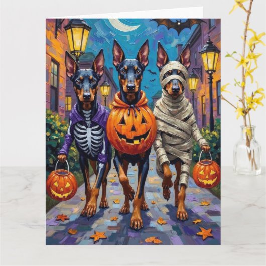 Carte Chiens Doberman Trick or Treating Halloween Costum (Fleur jaune)