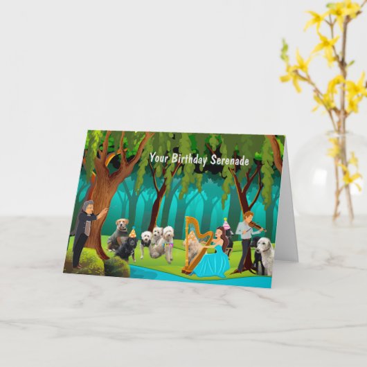 Carte Chiens et musiciens amusant Anniversaire Serenade (Fleur jaune)