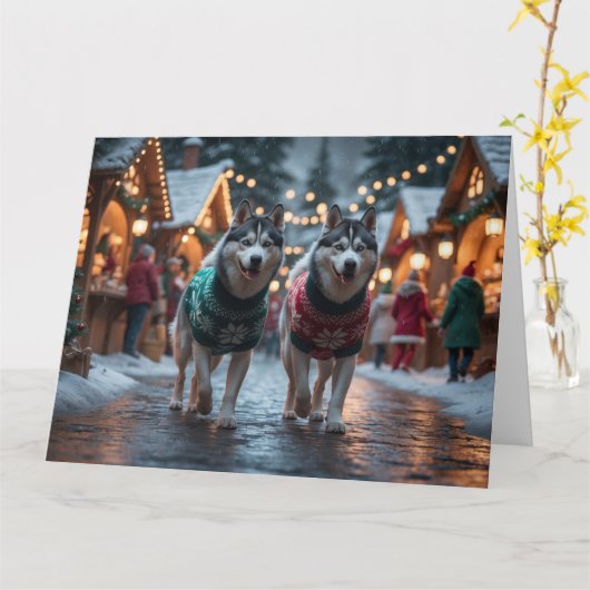 Carte Chiens Husky Sibériens Noël Fête de la neige (Fleur jaune)