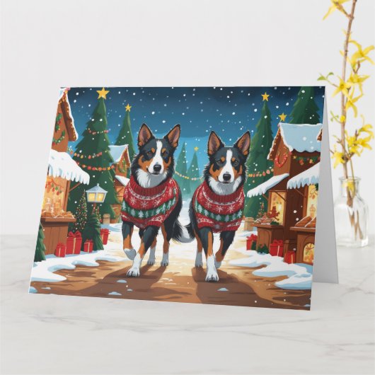 Carte Chiens Kelpie australiens Noël Fête de la neige (Fleur jaune)