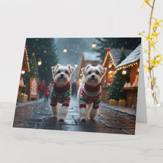 Carte Chiens Maltais Noël Neige Fêtes (Fleur jaune)