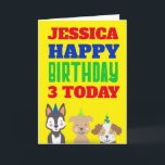 Carte Chiens mignons Enfants N'importe quel nom d'âge Ca<br><div class="desc">Fun anniversaire voeux pour les enfants avec ce design aux couleurs vives avec Trois mignons chiens portant des casquettes de fête sur le fond, et grande typographie audacieuse dans les couleurs primaires, rouge, bleu et vert en haut. Happy Birthday est dans une police et des couleurs définies, et vous pouvez...</div>
