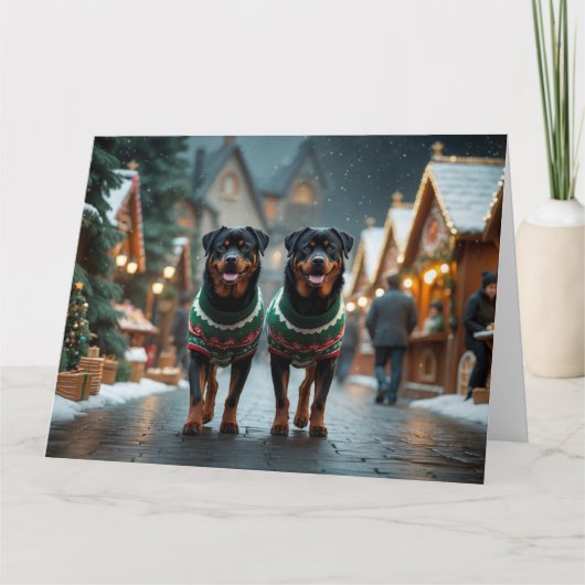 Carte Chiens Rottweiler Noël Neige Fêtes (Devant)