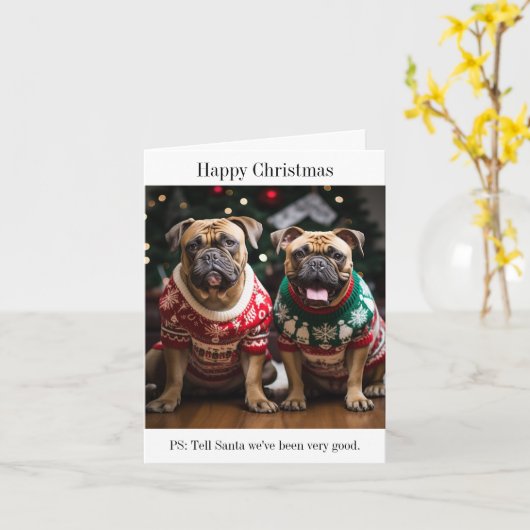 Carte Chiens taureaux mastiff en pulls de Noël (Fleur jaune)