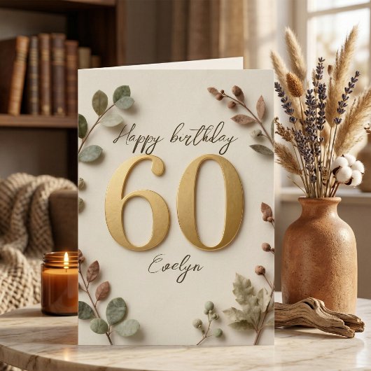 Carte Chiffres dorés élégants Botanique 60e anniversaire