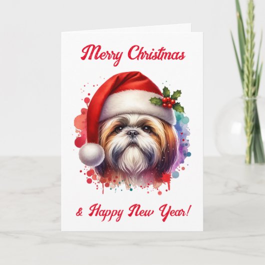 Carte Chih Tzu Chien à Santa Hat Noël (Devant)