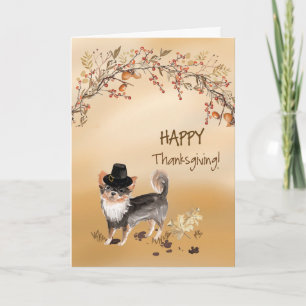 Carte Chihuahua à poils longs Chapeau drôle de Thanksgiv