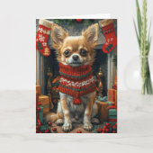 Carte Chihuahua Chien avec des cadeaux de Noël cheminée (Devant)