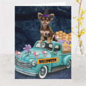 Carte Chihuahua Chien Halloween Camion Effrayant Nuit (Fleur jaune)