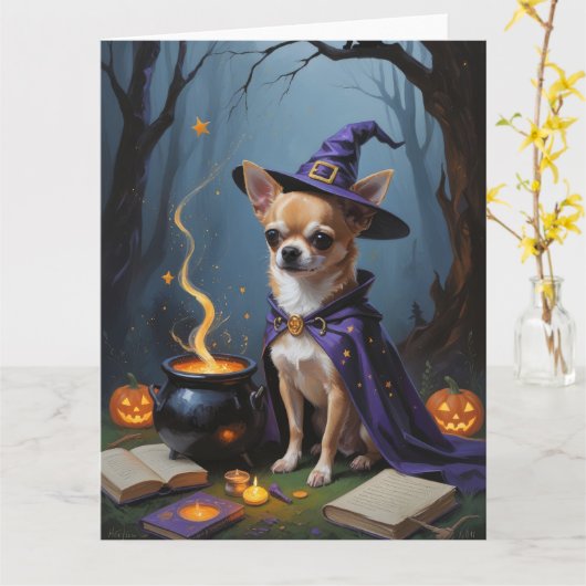 Carte Chihuahua Chien Whimsical Halloween Peinture (Fleur jaune)