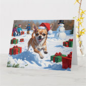 Carte Chihuahua coule en neige avec le Casquette de Noël (Fleur jaune)