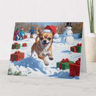 Carte Chihuahua coule en neige avec le Casquette de Noël