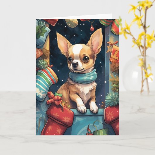 Carte Chihuahua dans un foyer de Noël festif (Fleur jaune)