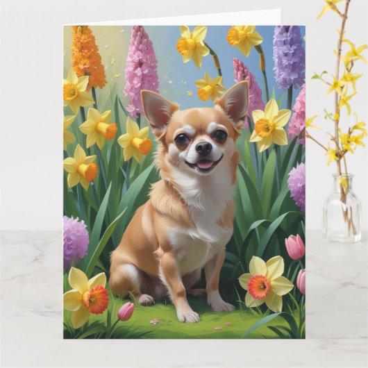 Carte Chihuahua Fleurs de printemps Chien Peinture (Fleur jaune)