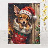 Carte Chihuahua Nestled in Christmas Stocking Hat (Fleur jaune)