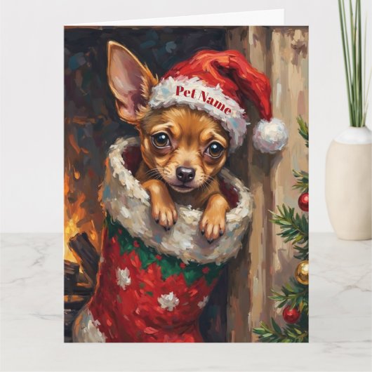 Carte Chihuahua Nestled in Christmas Stocking Hat (Devant)