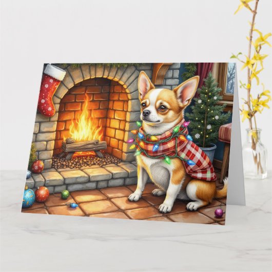 Carte Chihuahua Sitting Fireplace with Christmas Lights (Fleur jaune)