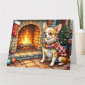 Carte Chihuahua Sitting Fireplace with Christmas Lights (Devant)