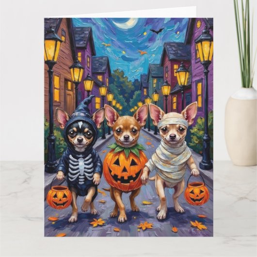 Carte Chihuahua Trick-or-Treating en costumes d'Hallowee (Devant)