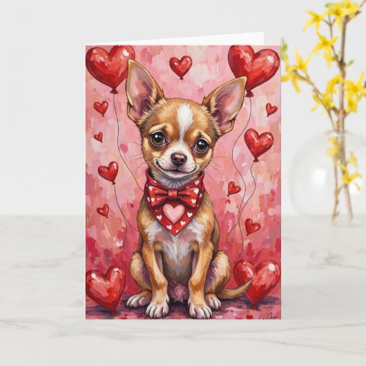Carte Chihuahua Valentine’s Day Dog with Hearts Red (Fleur jaune)