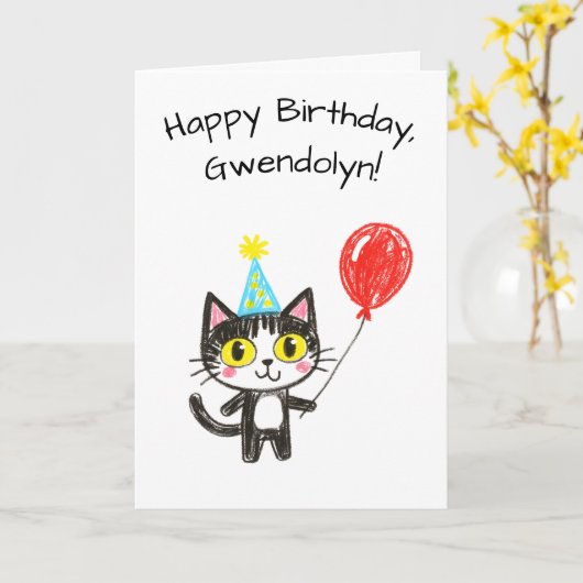 Carte Child's Art Style Tuxedo Cat Birthday (Fleur jaune)