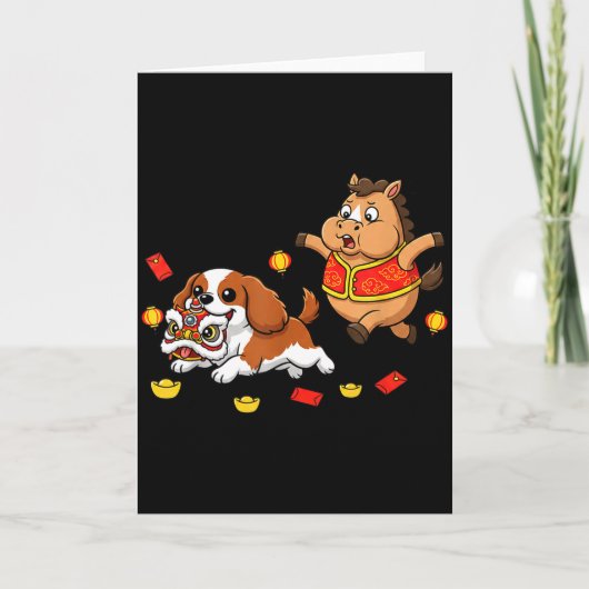 Carte Chinese Horse Cavalier King Charles Spaniel Happy  (Devant)