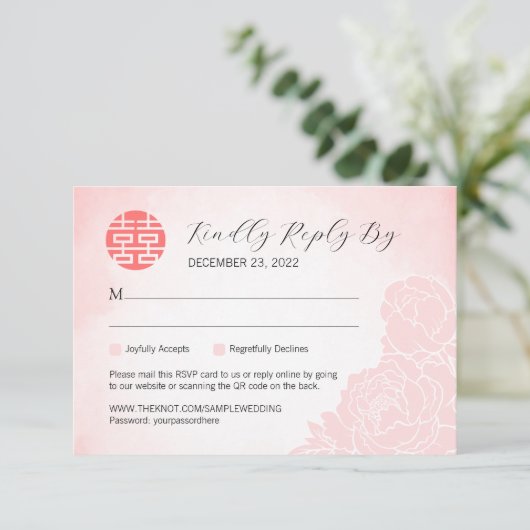 Carte Chinois Watercolor Peony Wedding RSVP avec QR Code (Debout devant)