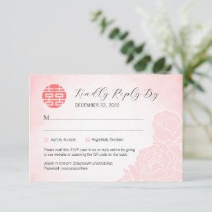Carte Chinois Watercolor Peony Wedding RSVP avec QR Code
