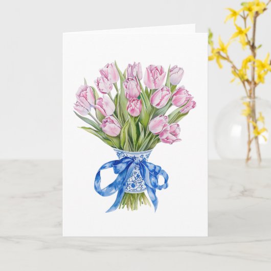 Carte Chinoiserie Blue Bow Tulips Fleurs Blank Greeting (Fleur jaune)