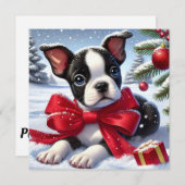 Carte Chiot avec Bow rouge sur la scène de Noël enneigée (Devant / Derrière)