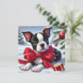 Carte Chiot avec Bow rouge sur la scène de Noël enneigée (Debout devant)