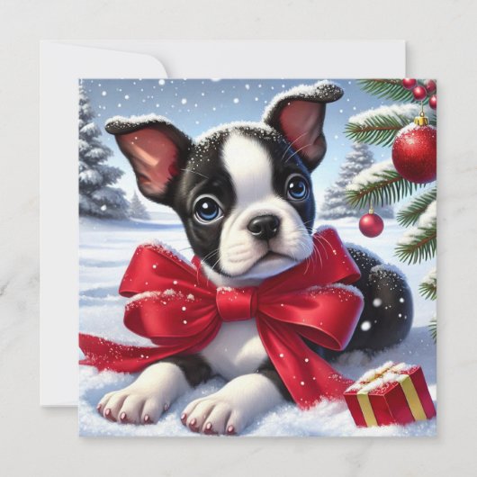 Carte Chiot avec Bow rouge sur la scène de Noël enneigée (Devant)
