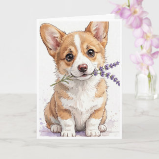 Carte chiot Corgi avec une tige de lavande