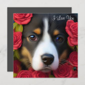 Carte Chiot de Corgi en roses rouges (Devant / Derrière)