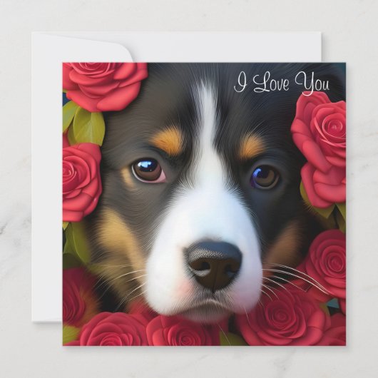 Carte Chiot de Corgi en roses rouges (Devant)