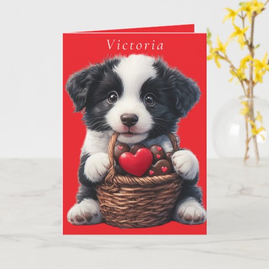 Carte Chiot de la Saint-Valentin Cœurs de chocolat rouge (Fleur jaune)