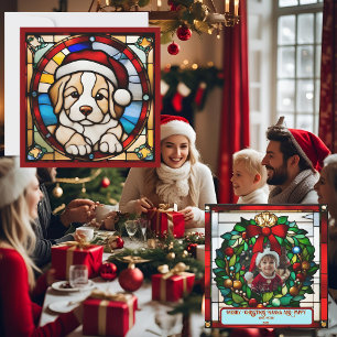 Carte Chiot de Noël emballé Faux Vitrail