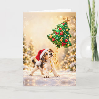 Carte Chiot de Noël mignon avec ballon en forme d'arbre