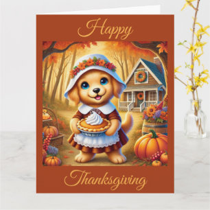 Carte Chiot de pèlerin avec tarte Citrouille à Thanksgiv