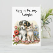 Carte Chiot et chaton personnalisé Premier anniversaire (Debout devant)