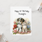 Carte Chiot et chaton personnalisé Premier anniversaire (Devant/Arrière en situation)